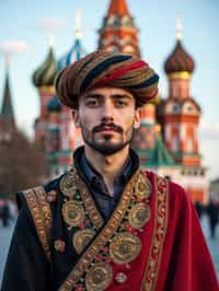 authentic and cultural man in Moscow wearing a traditional sarafan/kosovorotka, Saint Basil's Cathedral in the background