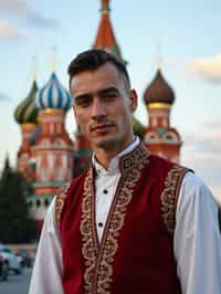 authentic and cultural man in Moscow wearing a traditional sarafan/kosovorotka, Saint Basil's Cathedral in the background