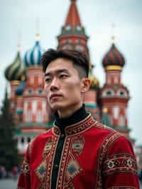 authentic and cultural man in Moscow wearing a traditional sarafan/kosovorotka, Saint Basil's Cathedral in the background