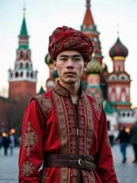 authentic and cultural man in Moscow wearing a traditional sarafan/kosovorotka, Saint Basil's Cathedral in the background