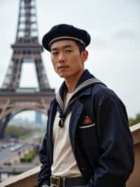 polished and traditional man in Paris wearing a traditional Breton shirt and beret, Eiffel Tower in the background