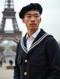 polished and traditional man in Paris wearing a traditional Breton shirt and beret, Eiffel Tower in the background