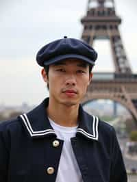 polished and traditional man in Paris wearing a traditional Breton shirt and beret, Eiffel Tower in the background