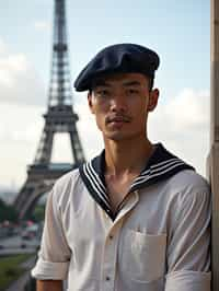 polished and traditional man in Paris wearing a traditional Breton shirt and beret, Eiffel Tower in the background