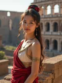 stunning and historical  woman in Rome wearing a traditional Roman stola/toga, Colosseum in the background