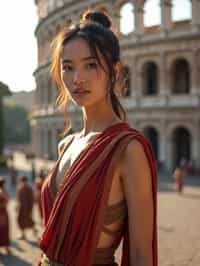 stunning and historical  woman in Rome wearing a traditional Roman stola/toga, Colosseum in the background