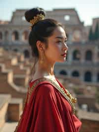 stunning and historical  woman in Rome wearing a traditional Roman stola/toga, Colosseum in the background