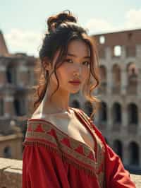 stunning and historical  woman in Rome wearing a traditional Roman stola/toga, Colosseum in the background