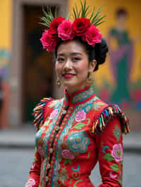 colorful and cultural  woman in Mexico City wearing a traditional charro suit/china poblana, Frida Kahlo Museum in the background