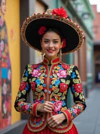 colorful and cultural  woman in Mexico City wearing a traditional charro suit/china poblana, Frida Kahlo Museum in the background