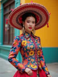 colorful and cultural  woman in Mexico City wearing a traditional charro suit/china poblana, Frida Kahlo Museum in the background