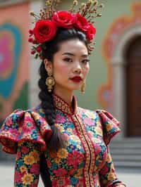 colorful and cultural  woman in Mexico City wearing a traditional charro suit/china poblana, Frida Kahlo Museum in the background