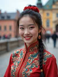 traditional  woman in Stockholm wearing a Swedish folkdräkt, Stockholm Palace in the background