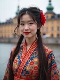 traditional  woman in Stockholm wearing a Swedish folkdräkt, Stockholm Palace in the background