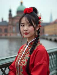 traditional  woman in Stockholm wearing a Swedish folkdräkt, Stockholm Palace in the background