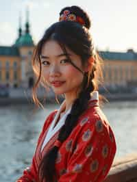 traditional  woman in Stockholm wearing a Swedish folkdräkt, Stockholm Palace in the background