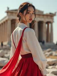 graceful and striking  woman in Athens wearing a traditional Evzone uniform/Amalia dress, Parthenon in the background