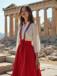 graceful and striking  woman in Athens wearing a traditional Evzone uniform/Amalia dress, Parthenon in the background