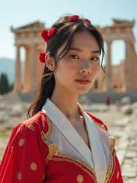 graceful and striking  woman in Athens wearing a traditional Evzone uniform/Amalia dress, Parthenon in the background