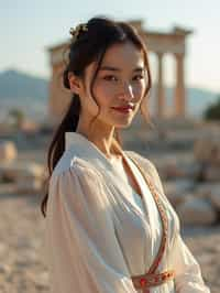 graceful and striking  woman in Athens wearing a traditional Evzone uniform/Amalia dress, Parthenon in the background