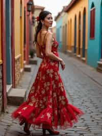 exquisite and traditional  woman in Buenos Aires wearing a tango dress/gaucho attire, colorful houses of La Boca neighborhood in the background