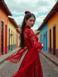 exquisite and traditional  woman in Buenos Aires wearing a tango dress/gaucho attire, colorful houses of La Boca neighborhood in the background