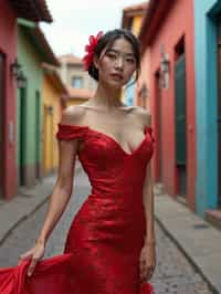 exquisite and traditional  woman in Buenos Aires wearing a tango dress/gaucho attire, colorful houses of La Boca neighborhood in the background