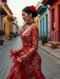 exquisite and traditional  woman in Buenos Aires wearing a tango dress/gaucho attire, colorful houses of La Boca neighborhood in the background