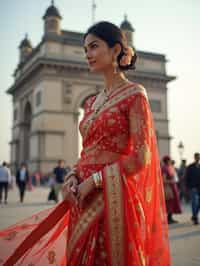 glamorous and traditional  woman in Mumbai wearing a vibrant Saree Sherwani, Gateway of India in the background