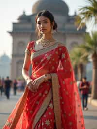 glamorous and traditional  woman in Mumbai wearing a vibrant Saree Sherwani, Gateway of India in the background