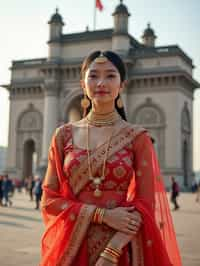 glamorous and traditional  woman in Mumbai wearing a vibrant Saree Sherwani, Gateway of India in the background