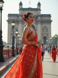 glamorous and traditional  woman in Mumbai wearing a vibrant Saree Sherwani, Gateway of India in the background