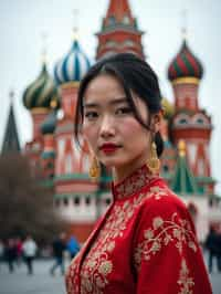 lovely and cultural  woman in Moscow wearing a traditional sarafan/kosovorotka, Saint Basil's Cathedral in the background