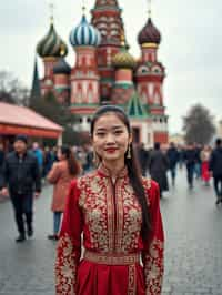 lovely and cultural  woman in Moscow wearing a traditional sarafan/kosovorotka, Saint Basil's Cathedral in the background