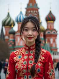 lovely and cultural  woman in Moscow wearing a traditional sarafan/kosovorotka, Saint Basil's Cathedral in the background