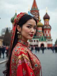 lovely and cultural  woman in Moscow wearing a traditional sarafan/kosovorotka, Saint Basil's Cathedral in the background