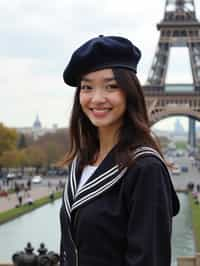 stylish and sophisticated  woman in Paris wearing a traditional Breton shirt and beret, Eiffel Tower in the background