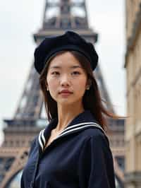 stylish and sophisticated  woman in Paris wearing a traditional Breton shirt and beret, Eiffel Tower in the background