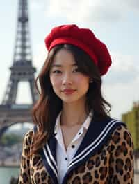 stylish and sophisticated  woman in Paris wearing a traditional Breton shirt and beret, Eiffel Tower in the background