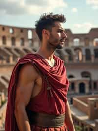 grand and historical man in Rome wearing a traditional Roman stola/toga, Colosseum in the background