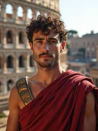 grand and historical man in Rome wearing a traditional Roman stola/toga, Colosseum in the background