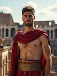 grand and historical man in Rome wearing a traditional Roman stola/toga, Colosseum in the background