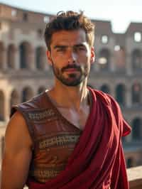 grand and historical man in Rome wearing a traditional Roman stola/toga, Colosseum in the background