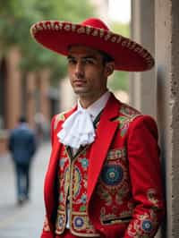 bold and cultural man in Mexico City wearing a traditional charro suit/china poblana, Frida Kahlo Museum in the background