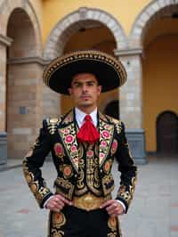 bold and cultural man in Mexico City wearing a traditional charro suit/china poblana, Frida Kahlo Museum in the background