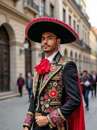 bold and cultural man in Mexico City wearing a traditional charro suit/china poblana, Frida Kahlo Museum in the background