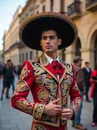 bold and cultural man in Mexico City wearing a traditional charro suit/china poblana, Frida Kahlo Museum in the background