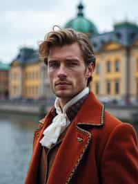 dignified and traditional man in Stockholm wearing a Swedish folkdräkt, Stockholm Palace in the background