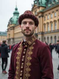 dignified and traditional man in Stockholm wearing a Swedish folkdräkt, Stockholm Palace in the background