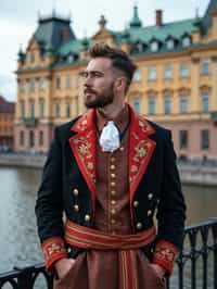 dignified and traditional man in Stockholm wearing a Swedish folkdräkt, Stockholm Palace in the background